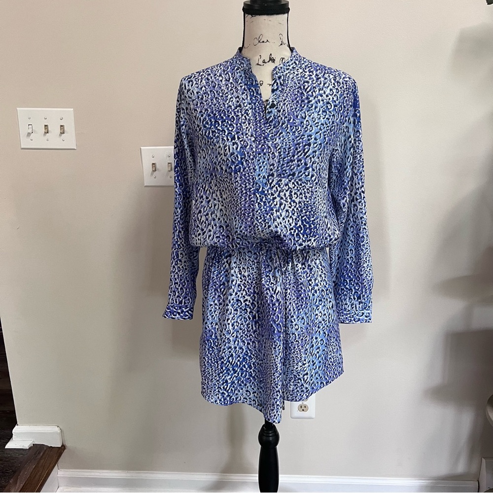 Rebecca Taylor silk long sleeve dress blue leopard print tie waist size 0